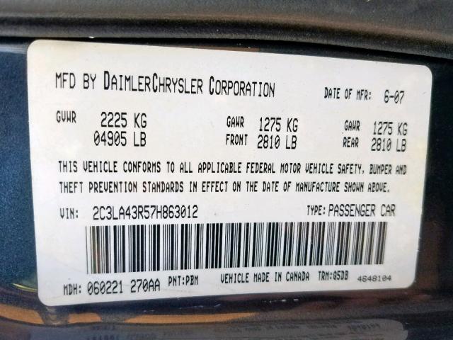 2C3LA43R57H863012 - 2007 CHRYSLER 300 BLUE photo 10