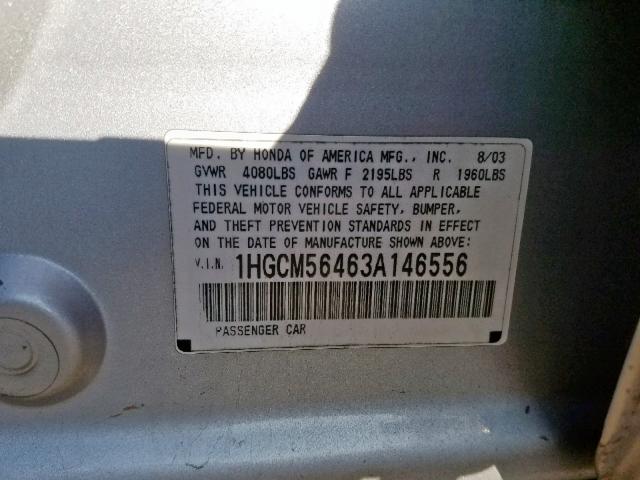 1HGCM56463A146556 - 2003 HONDA ACCORD LX SILVER photo 10