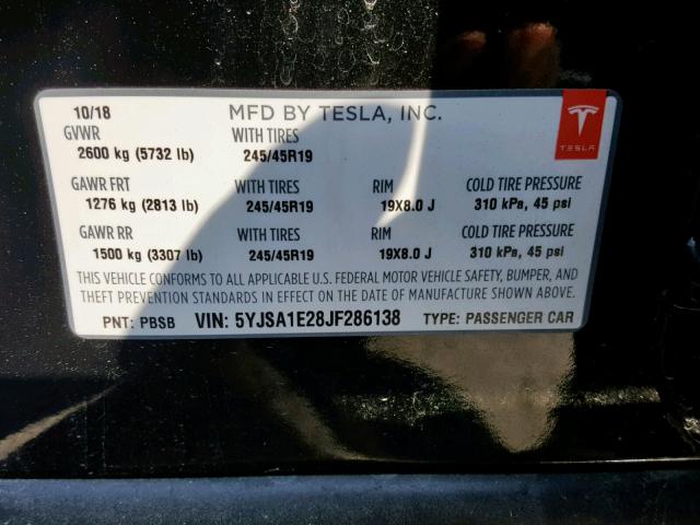 5YJSA1E28JF286138 - 2018 TESLA MODEL S أسود صورة 10