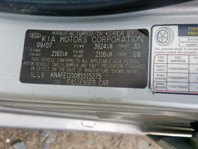 KNAFE121085515275 - 2008 KIA SPECTRA EX SILVER photo 10