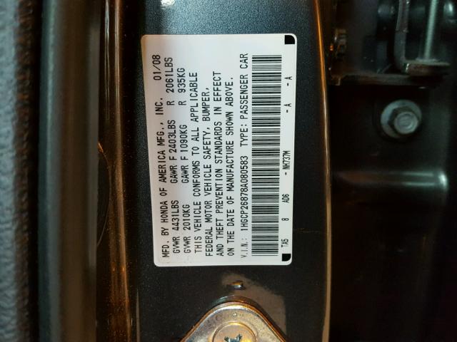 1HGCP26878A080583 - 2008 HONDA ACCORD EXL GRAY photo 10