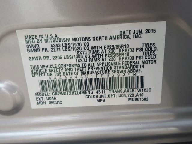 4A4AR4AU1FE039090 - 2015 MITSUBISHI OUTLANDER SILVER photo 10