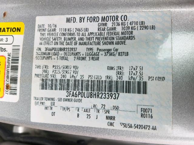 3FA6P0LU8HR233937 - 2017 FORD FUSION SE SILVER photo 10