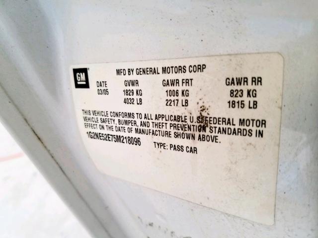 1G2NE52E75M218096 - 2005 PONTIAC GRAND AM S WHITE photo 10