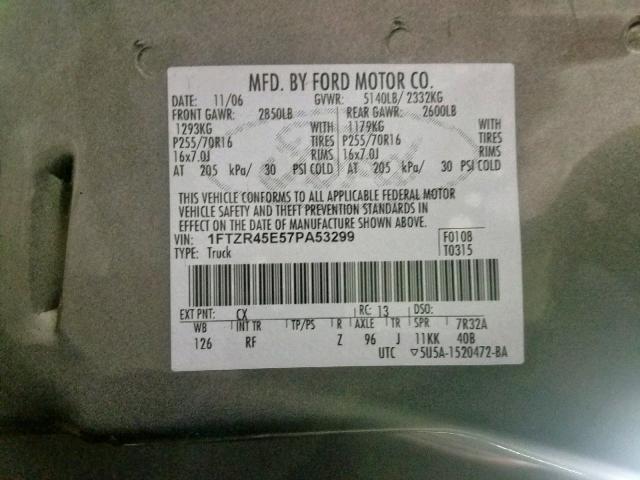 1FTZR45E57PA53299 - 2007 FORD RANGER SUP GRAY photo 10