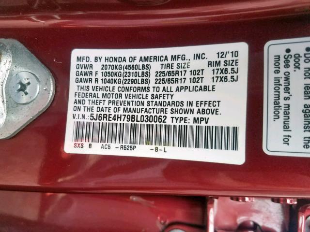 5J6RE4H79BL030062 - 2011 HONDA CR-V EXL RED photo 10