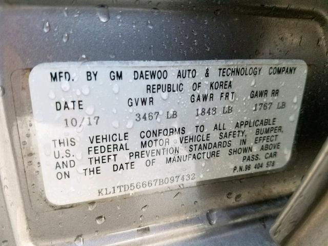 KL1TD56667B097432 - 2007 CHEVROLET AVEO BASE Күміс фото 10