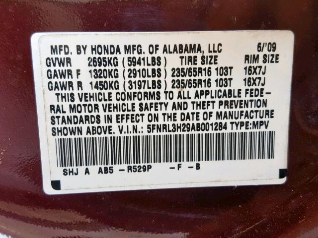 5FNRL3H29AB001284 - 2010 HONDA ODYSSEY LX MAROON photo 10