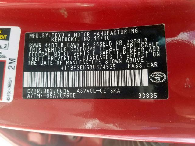 4T1BF3EK6BU674535 - 2011 TOYOTA CAMRY BASE RED photo 10