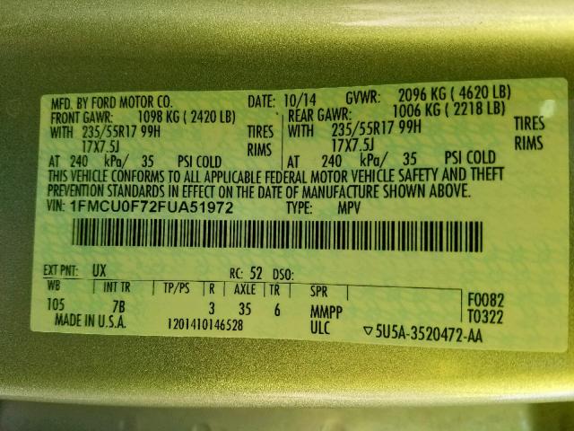 1FMCU0F72FUA51972 - 2015 FORD ESCAPE S SILVER photo 10