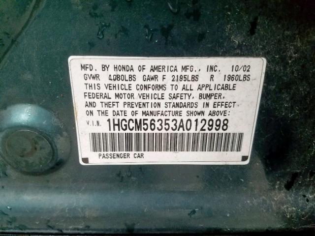 1HGCM56353A012998 - 2003 HONDA ACCORD LX GREEN photo 10