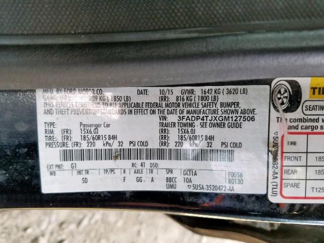 3FADP4TJXGM127506 - 2016 FORD FIESTA S BLACK photo 10