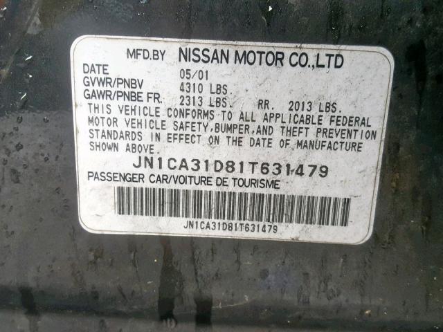 JN1CA31D81T631479 - 2001 NISSAN MAXIMA GXE GRAY photo 10