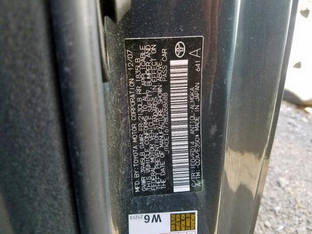 JTKDE167780268688 - 2008 TOYOTA SCION TC ვერცხლისფერი ფოტო 10