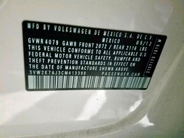 3VW2K7AJ3CM413399 - 2012 VOLKSWAGEN JETTA BASE თეთრი ფოტო 10