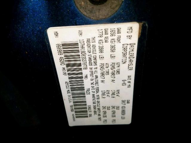 1D7HA18D03S370778 - 2003 DODGE RAM 1500 S BLUE photo 10