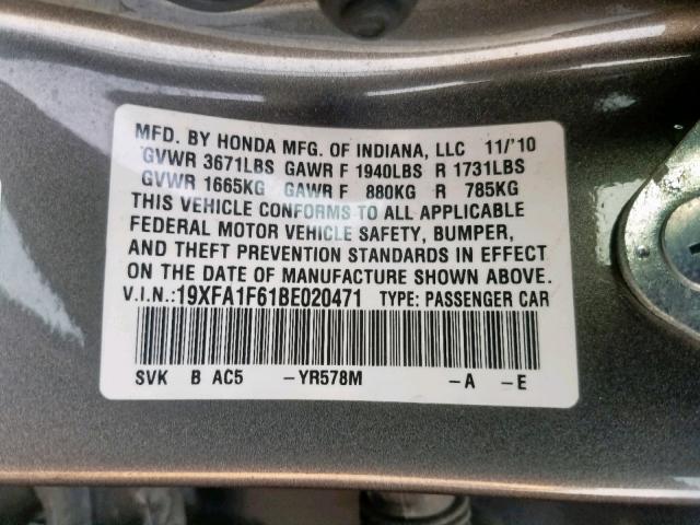 19XFA1F61BE020471 - 2011 HONDA CIVIC LX-S Boz foto 10