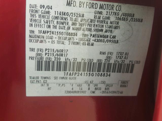 1FAFP24155G108834 - 2005 FORD FIVE HUNDR RED photo 10