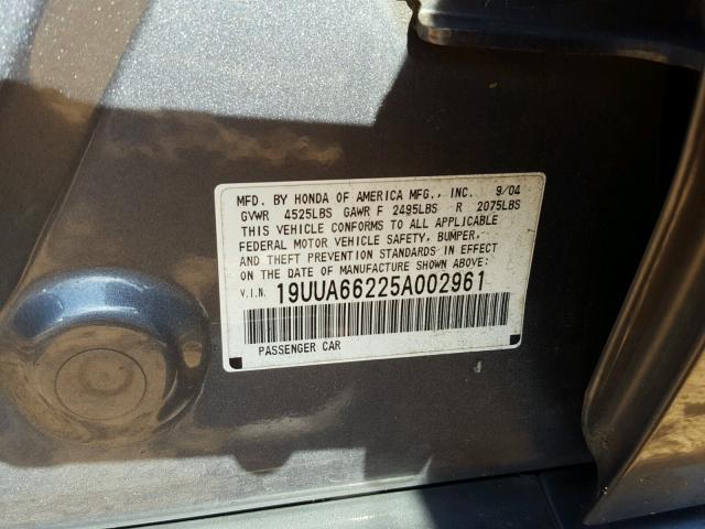 19UUA66225A002961 - 2005 ACURA TL GRAY photo 10