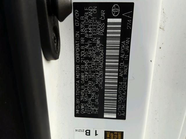 JTKDE3B74A0306417 - 2010 TOYOTA SCION TC თეთრი ფოტო 10