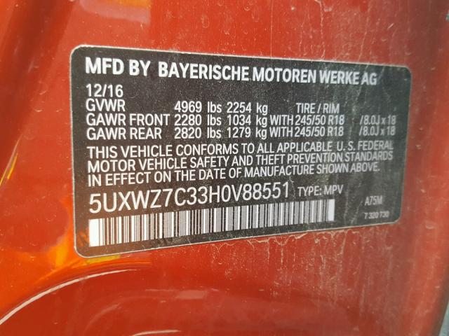 5UXWZ7C33H0V88551 - 2017 BMW X3 SDRIVE2 RED photo 10