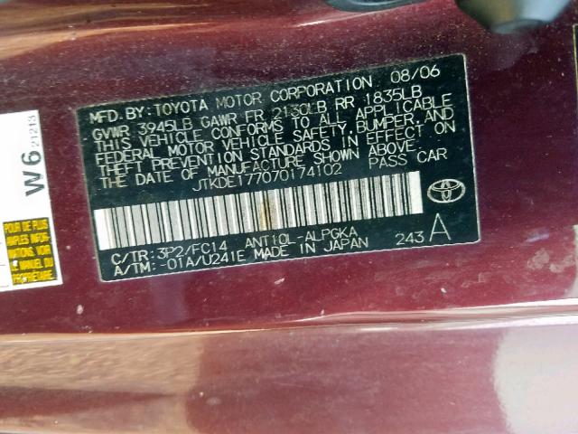 JTKDE177070174102 - 2007 TOYOTA SCION TC იასამნისფერი ფოტო 10