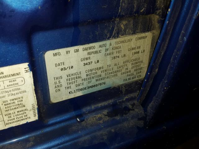 KL1TD66E59B302111 - 2009 CHEVROLET AVEO LS BLUE photo 10