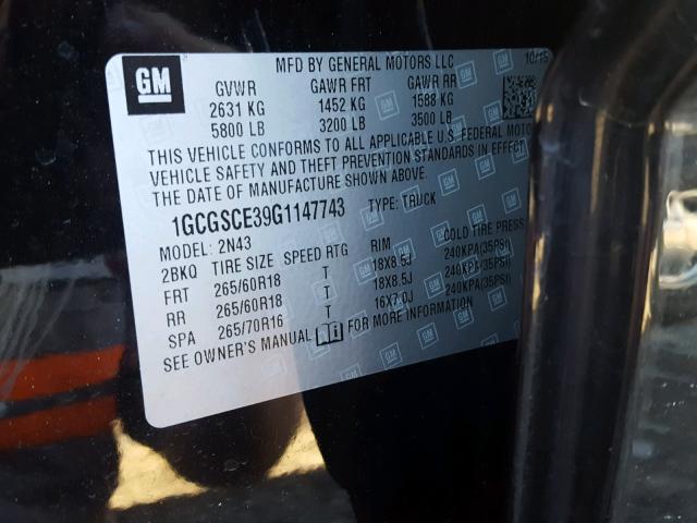 1GCGSCE39G1147743 - 2016 CHEVROLET COLORADO L BLACK photo 10