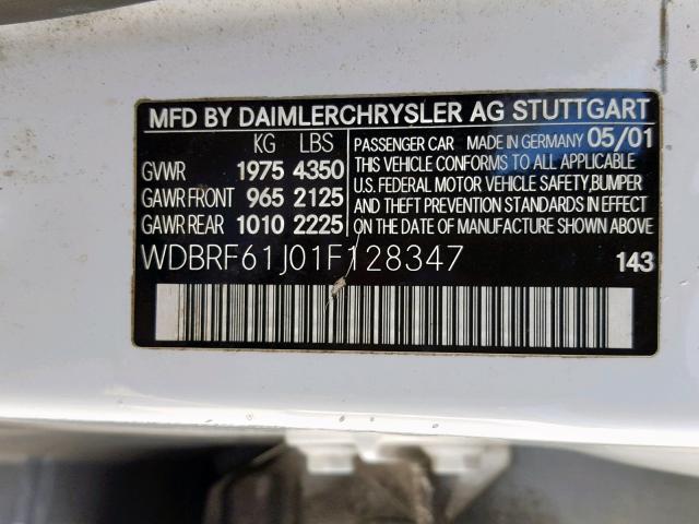 WDBRF61J01F128347 - 2001 MERCEDES-BENZ C 240 WHITE photo 10