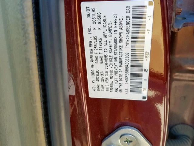 1HGCP36898A008306 - 2008 HONDA ACCORD EXL MAROON photo 10