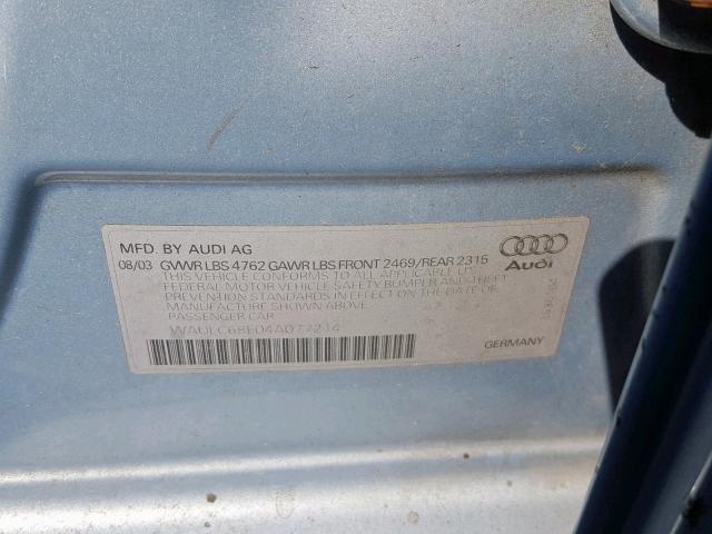 WAULC68E04A077214 - 2004 AUDI A4 1.8T QU BLUE photo 10