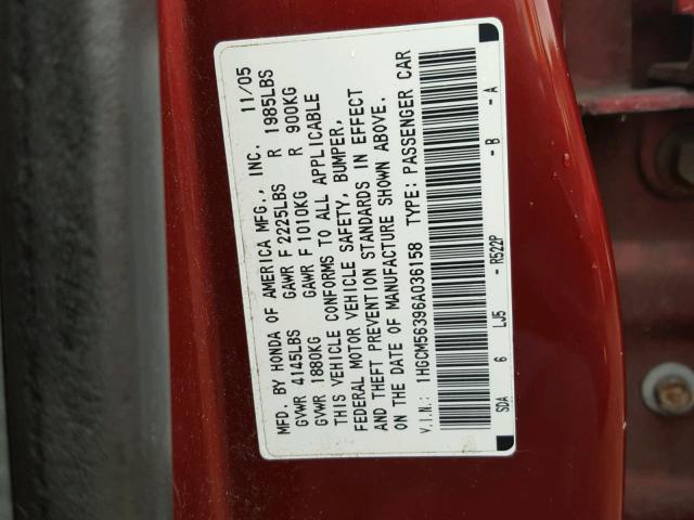 1HGCM56396A036158 - 2006 HONDA ACCORD SE MAROON photo 10