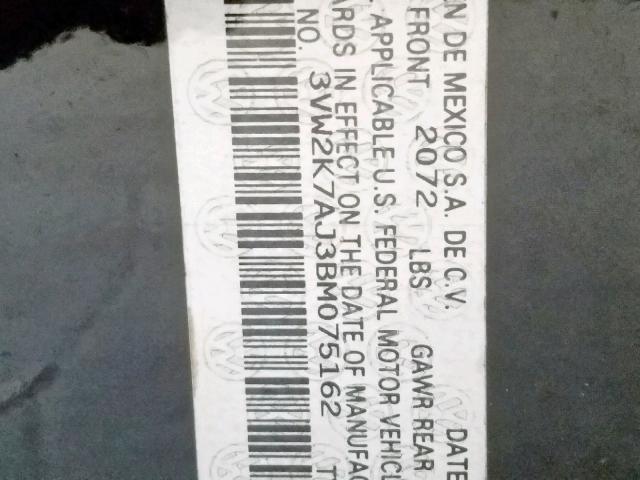 3VW2K7AJ3BM075162 - 2011 VOLKSWAGEN JETTA BASE 黑色 照片 10