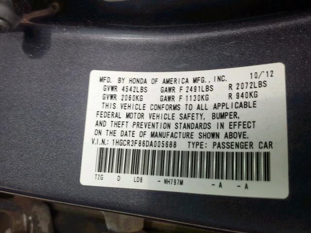 1HGCR3F86DA005688 - 2013 HONDA ACCORD EXL GRAY photo 10