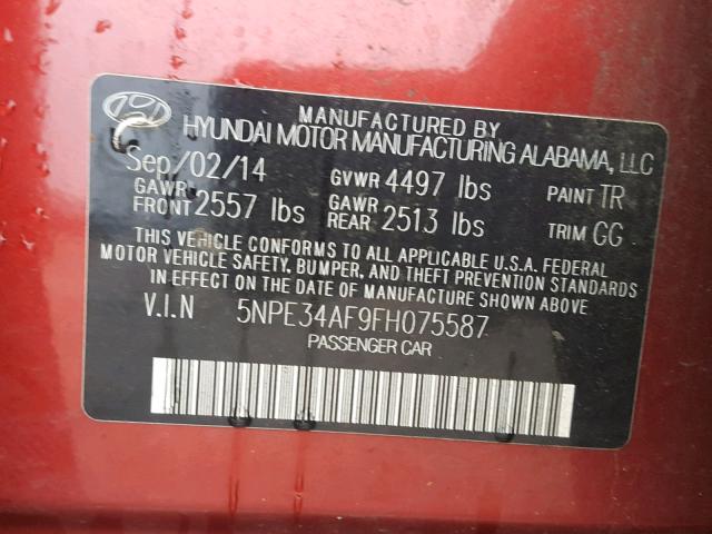 5NPE34AF9FH075587 - 2015 HYUNDAI SONATA SPO RED photo 10