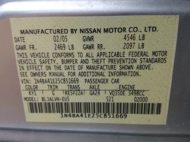 1N4BA41E25C851669 - 2005 NISSAN MAXIMA SE SILVER photo 10