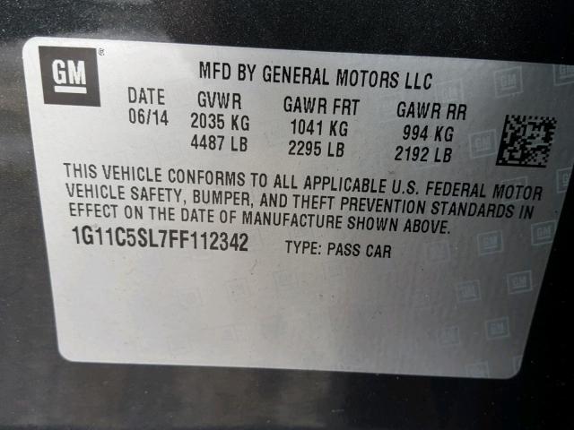 1G11C5SL7FF112342 - 2015 CHEVROLET MALIBU 1LT GRAY photo 10