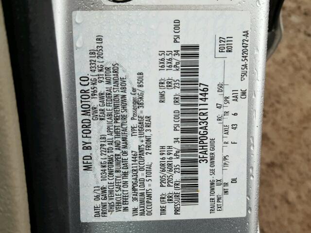 3FAHP0GA3CR114467 - 2012 FORD FUSION S GRAY photo 10