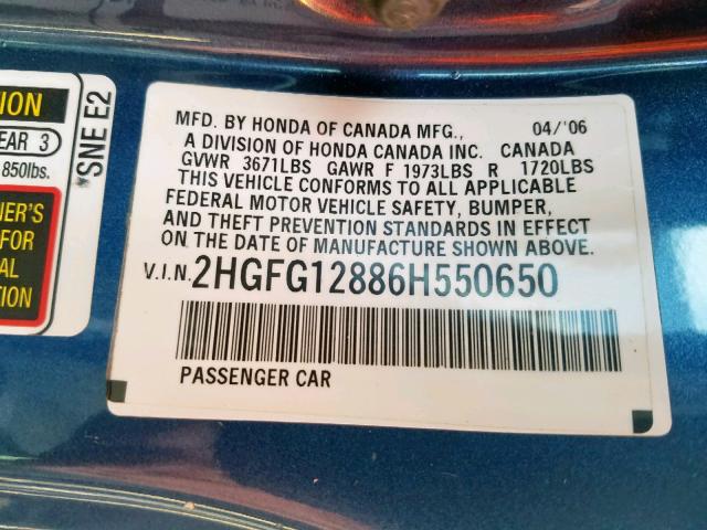 2HGFG12886H550650 - 2006 HONDA CIVIC EX BLUE photo 10