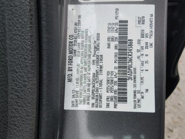 3FADP0L36CR345868 - 2012 FORD FUSION HYB GRAY photo 10