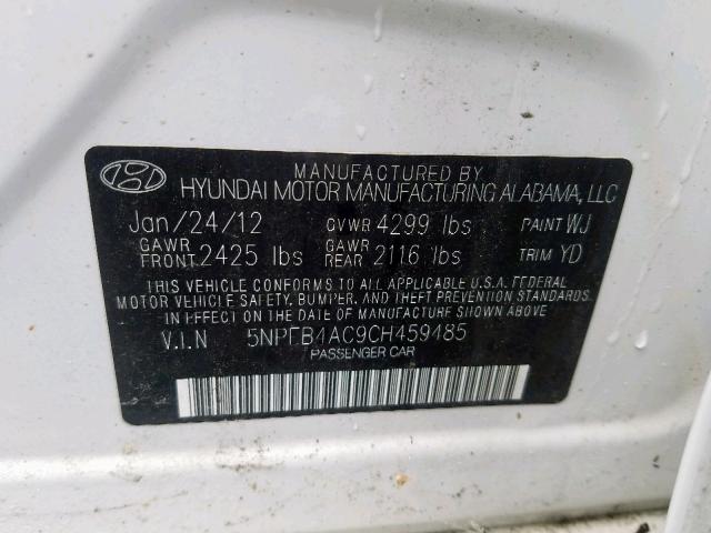 5NPEB4AC9CH459485 - 2012 HYUNDAI SONATA GLS WHITE photo 10