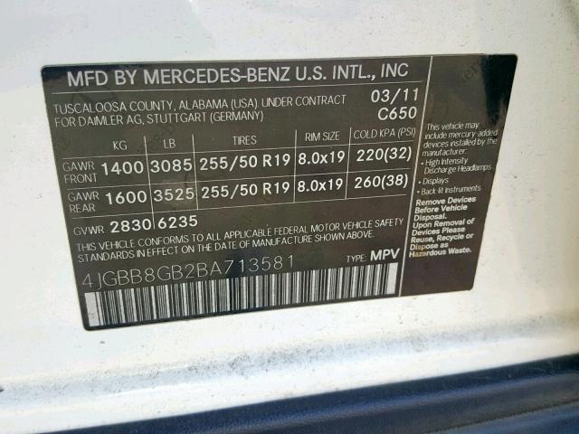 4JGBB8GB2BA713581 - 2011 MERCEDES-BENZ ML 350 4MA WHITE photo 10