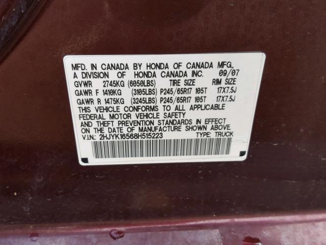 2HJYK16568H515223 - 2008 HONDA RIDGELINE BURGUNDY photo 10