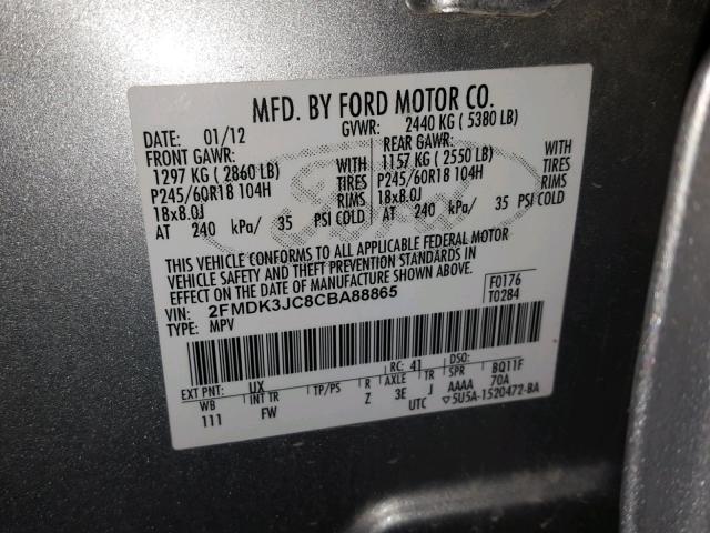 2FMDK3JC8CBA88865 - 2012 FORD EDGE SEL SILVER photo 10