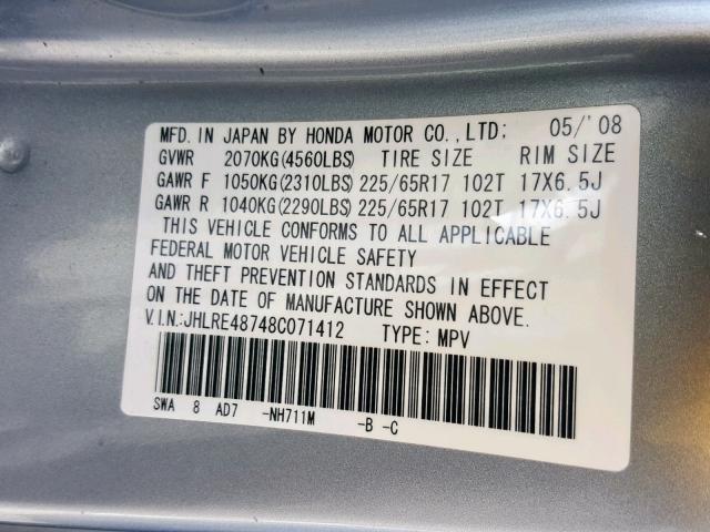 JHLRE48748C071412 - 2008 HONDA CR-V EXL SILVER photo 10