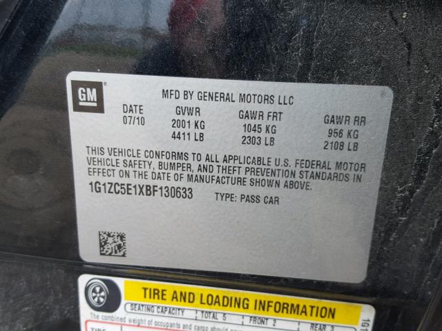 1G1ZC5E1XBF130633 - 2011 CHEVROLET MALIBU 1LT BLACK photo 10