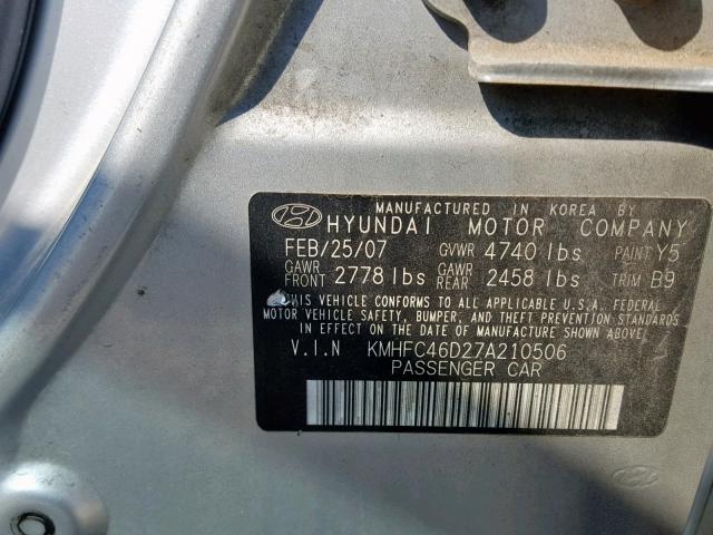 KMHFC46D27A210506 - 2007 HYUNDAI AZERA GLS SILVER photo 10