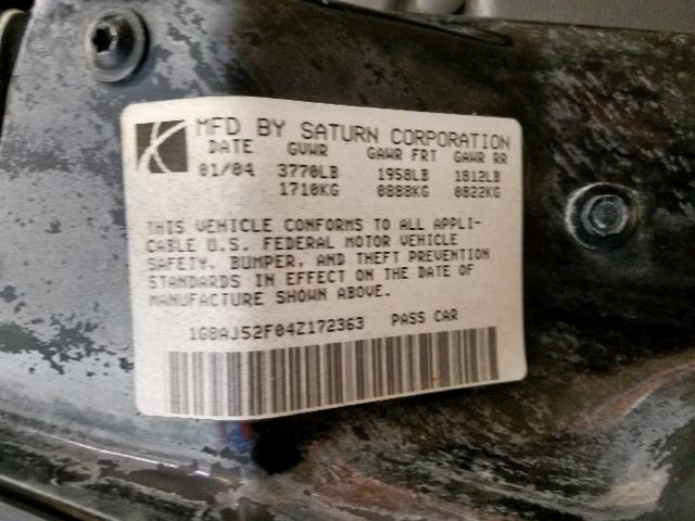1G8AJ52F04Z172363 - 2004 SATURN ION LEVEL BLACK photo 10