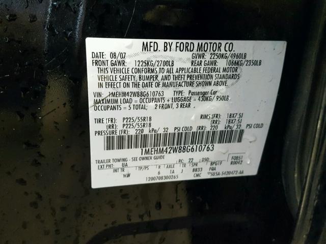 1MEHM42W88G610763 - 2008 MERCURY SABLE PREM BLACK photo 10