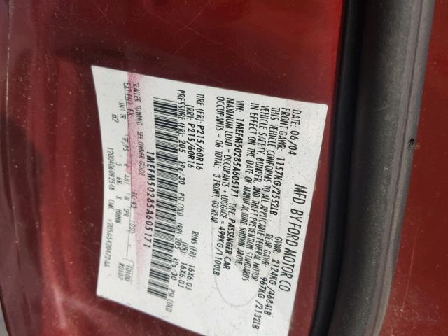 1MEFM50285A605171 - 2005 MERCURY SABLE GS BURGUNDY photo 10